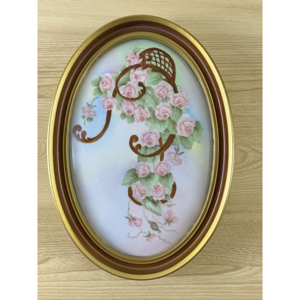 Hand-Painted Roses Floral Ceramic Oval Decorative Plate Gold Trim Signed 1963